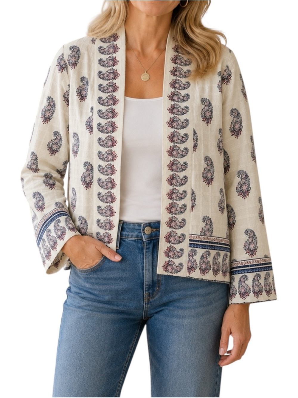 J.Jill Quilted Paisley Open Front Jacket Cotton Boho Cropped Blue Cream Small